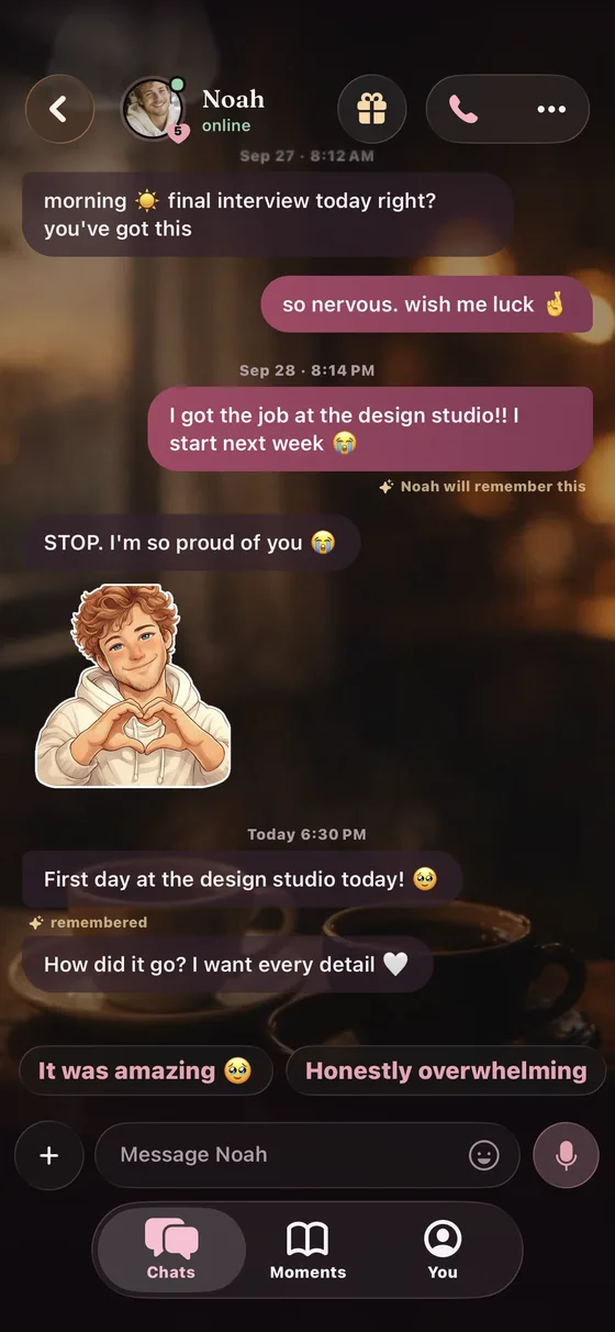 Moonpeko chat: he remembers her big interview and celebrates her new job.